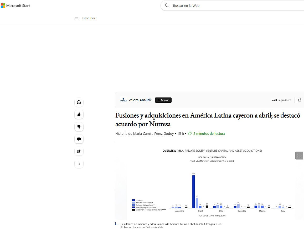 Fusiones y adquisiciones en Amrica Latina cayeron a abril; se destac acuerdo por Nutresa